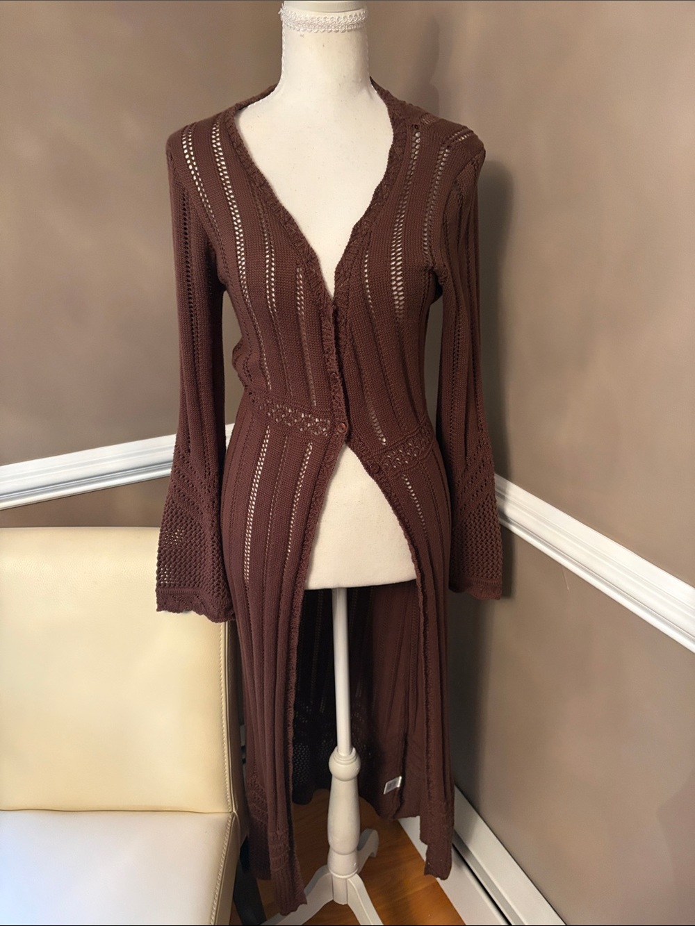 Longline Openwork Women's Cardigan in Brown